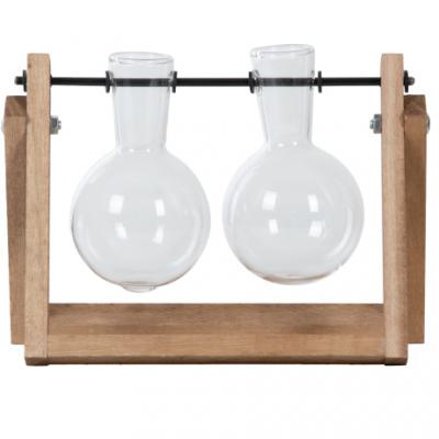 Double Vase Cutting Stand Wood Glass